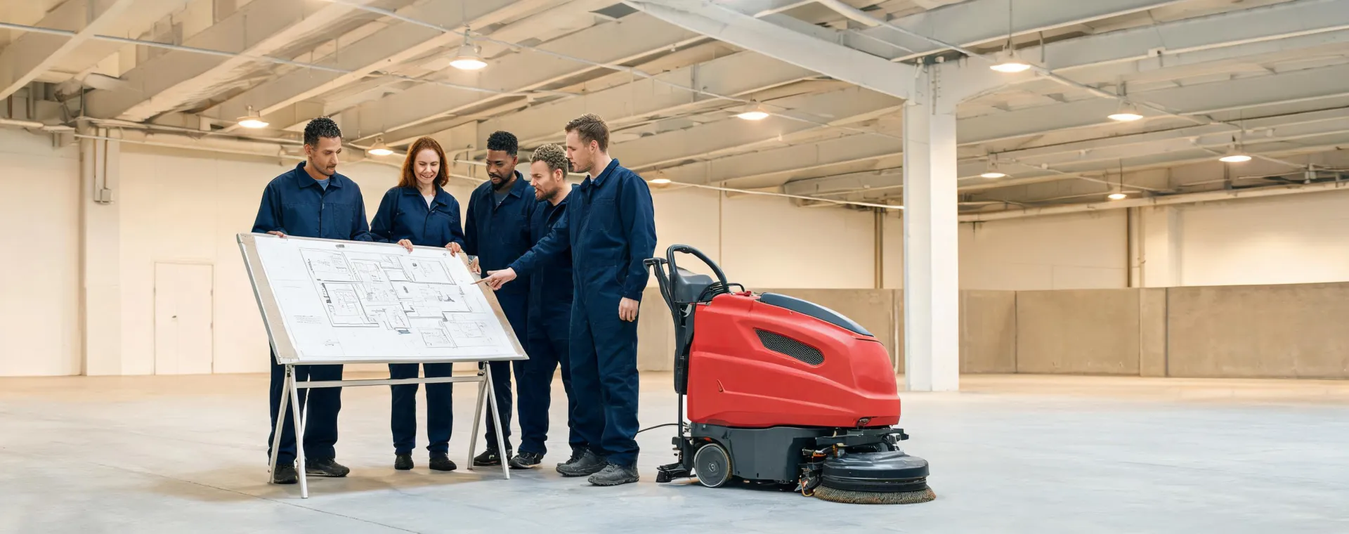 Facility team reviewing a Numatic floor-care route