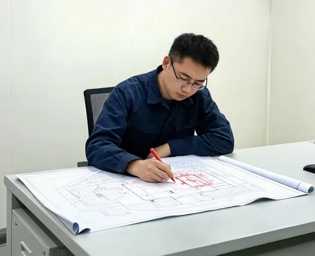 Facilities lead reviewing a floor plan