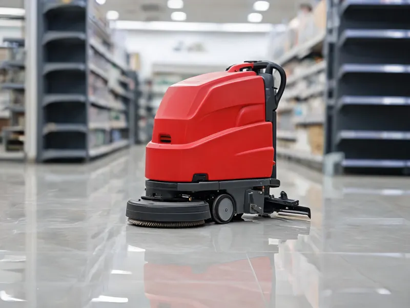Compact floor scrubber on a retail floor