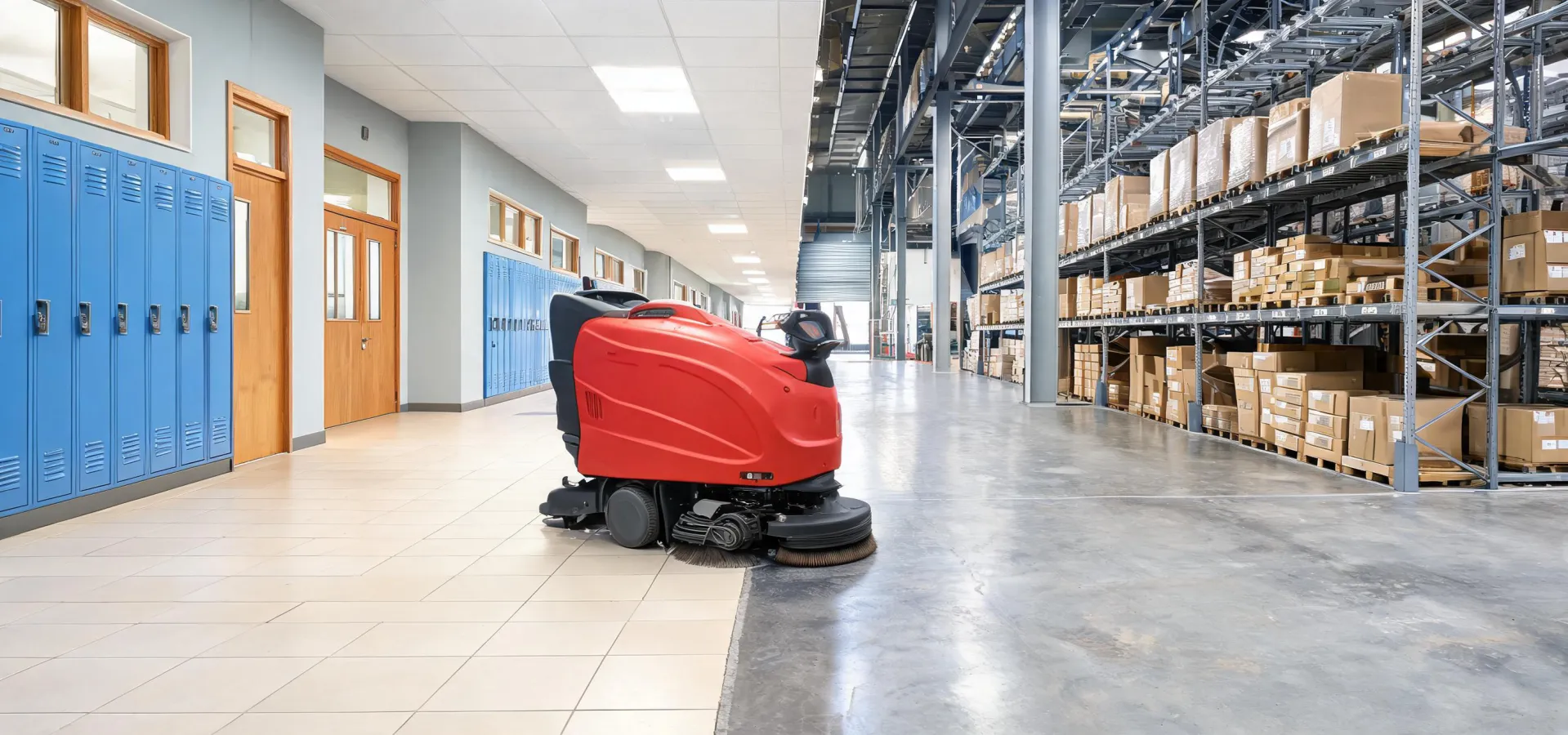 Numatic scrubber dryer cleaning a busy education and logistics facility