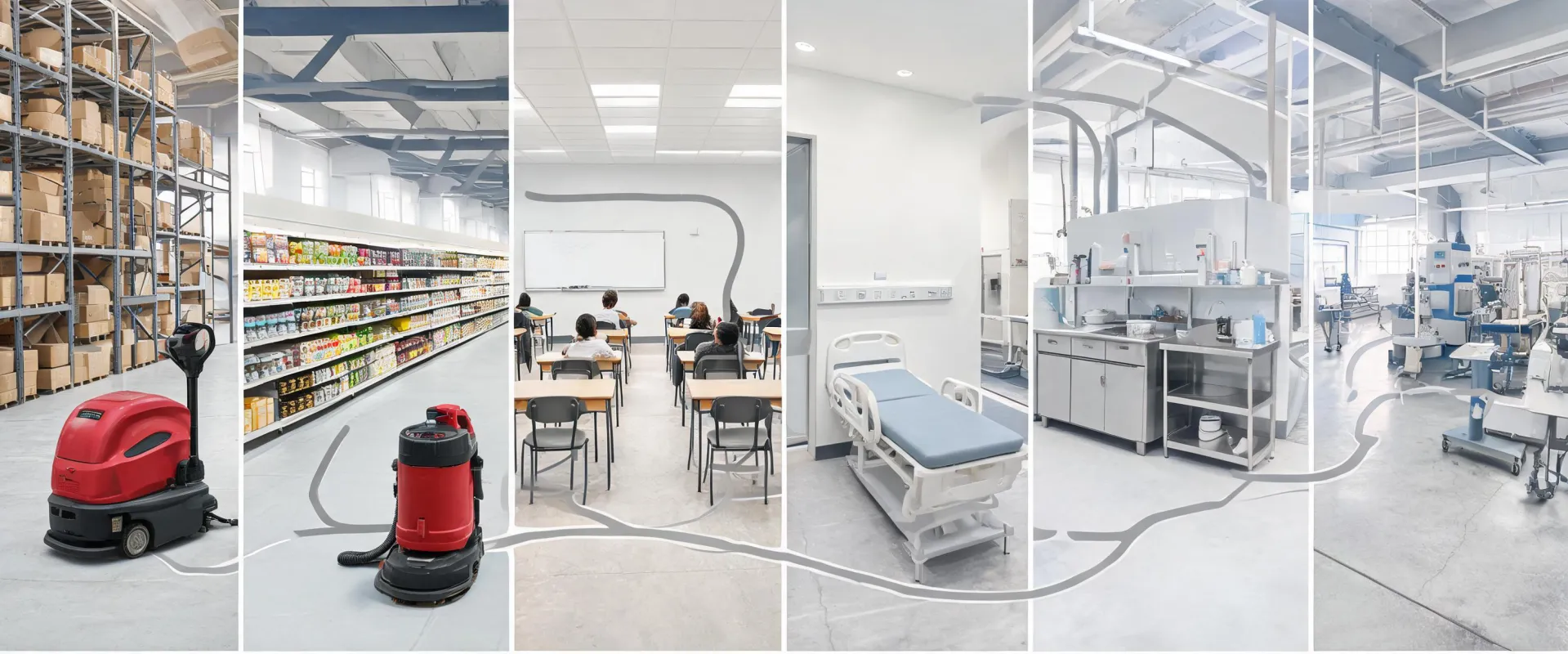 Map-inspired collage of facilities where Numatic floor care is planned