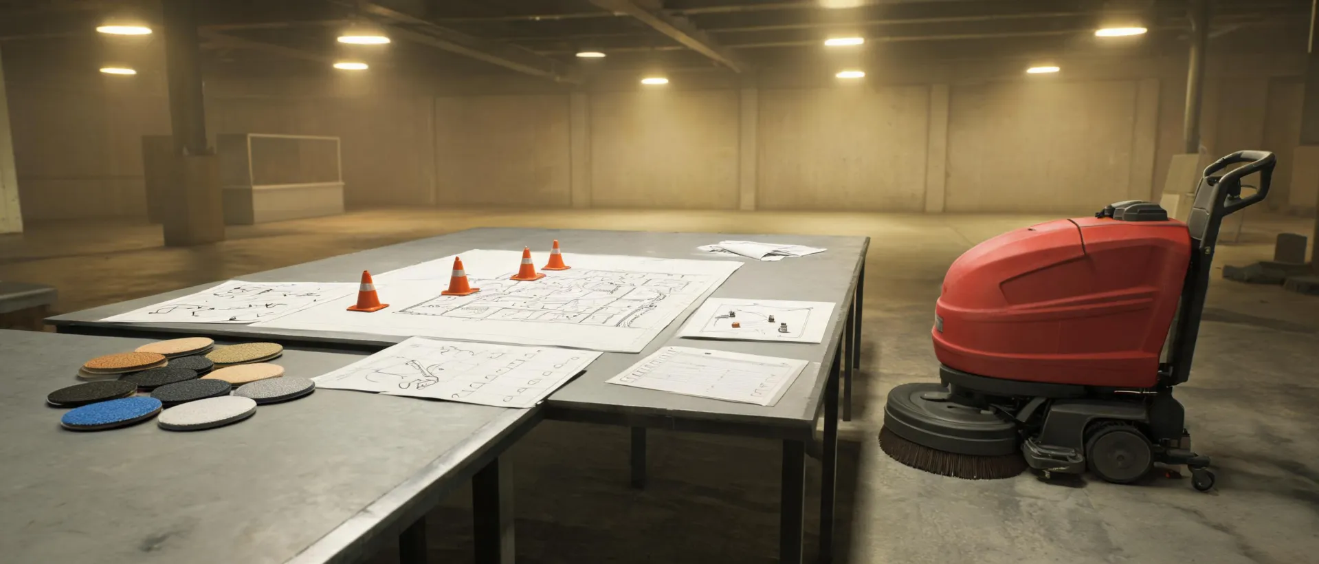 Numatic floor-care planning documents beside a scrubber dryer