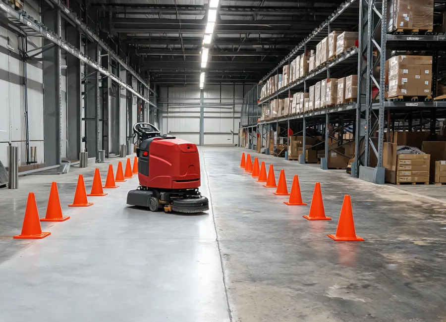 Floor scrubber trial on a marked warehouse route