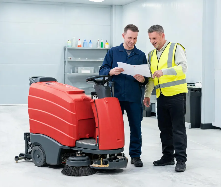 Technician and operator reviewing a floor scrubber service record